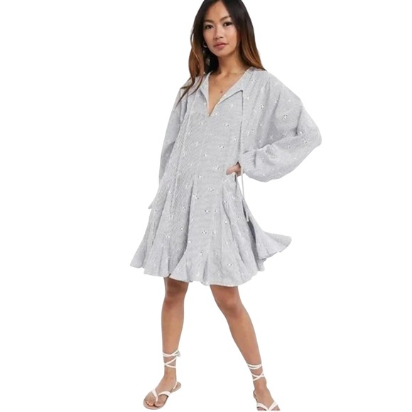 ASOS Design Dresses & Skirts - ASOS Design Blue White Striped Seersucker Eyelet Mini Dress Long Sleeve Sz 4